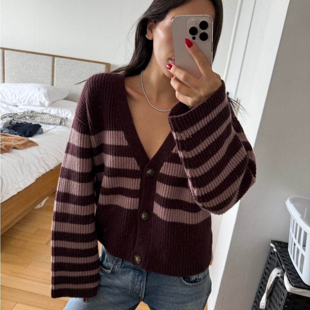 Naadam Striped V-Neck Cardigan Sweater
